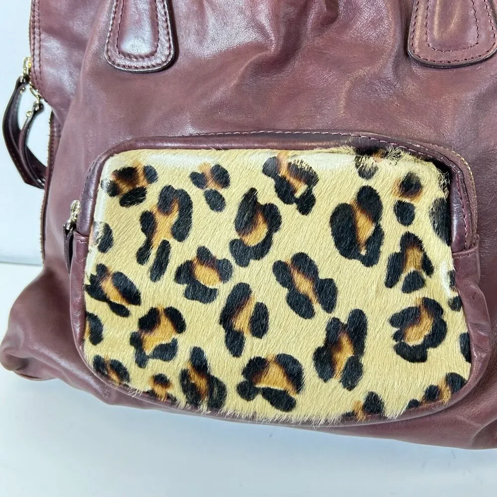 Rosella D Burgundy Leather Animal Print Calf Hair Large Satchel Shoulder Bag